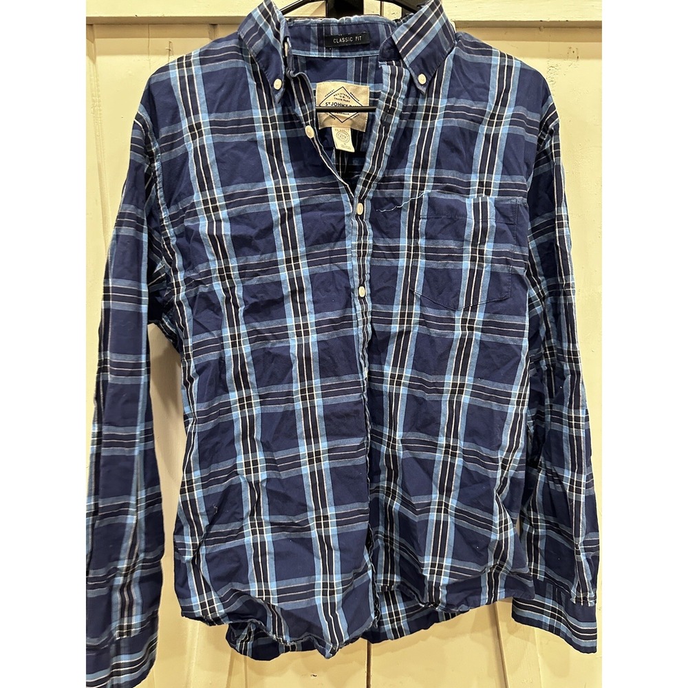 St Johns Bay Mens Medium Classic Fit Blue Plaid Long Sleeve Button Down Shirt